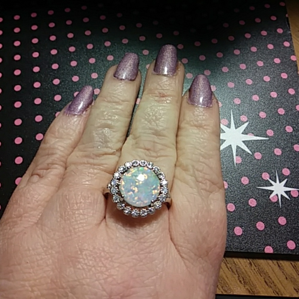 SOLD Sz 9 created opal and white sapphire halo ring